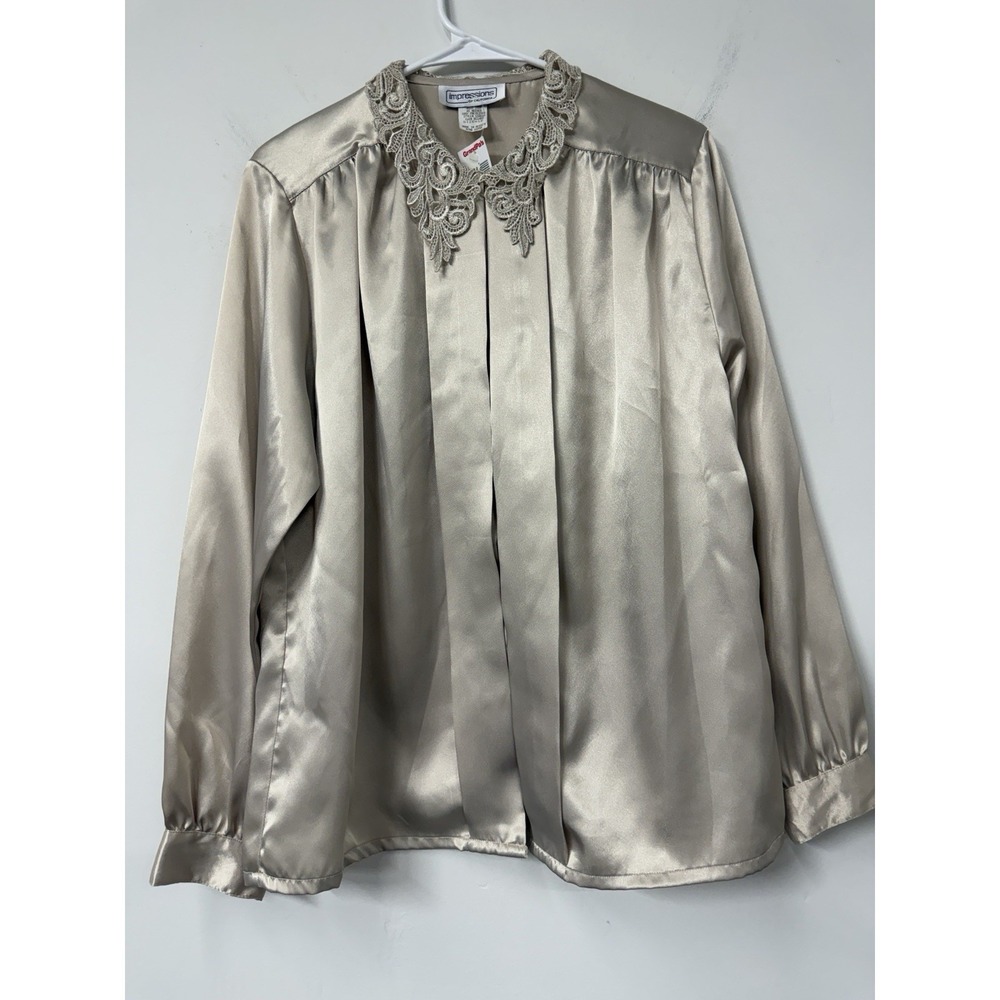 Vtg Impressions 12 Long Sleeve Lace Collar Gold Satin Button-Up Secretary Blouse